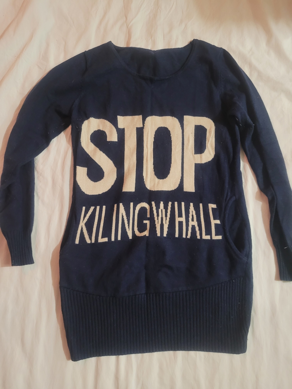 Navy Blue Statement Knit Sweater "STOP KILLING WHALE"